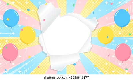 Marco de fondo de papel perforado, globo, confeti, línea de velocidad, línea de concentración, efecto de luz, explosión de sol