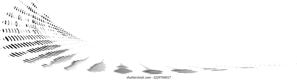 Punched polka dot, ballpoint,  beaded halftone outline. The plane is tilted. Helix bend. Vector.