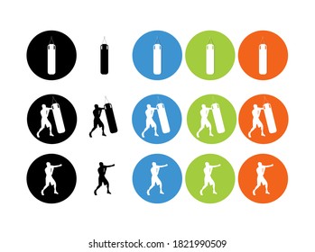 Juego de iconos planos de la bolsa de punzonado y del boxeador