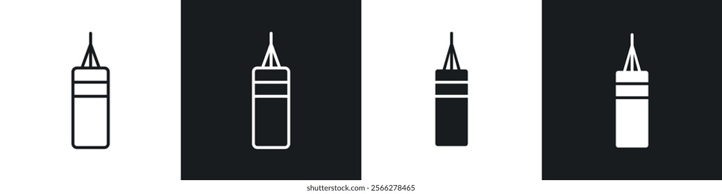 Punching bag icons collection in black filled and line style.