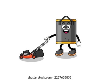 punching bag illustration cartoon holding lawn mower , character design