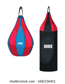 Punching bag illustration. Professional equipment for boxer training vector drawing. Fitness club, gym. Boxing workout, sports exercising, practice. Leather hanging heavy bag clipart