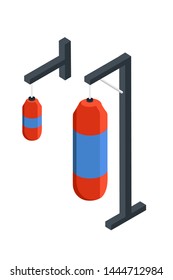 Punching bag isometric illustration. Professional equipment for boxer training 3D vector drawing. Fitness club, gym. Boxing workout, sports exercising, practice. Leather hanging heavy bag clipart