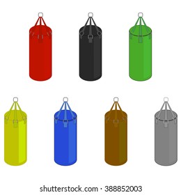 Punching bag. Punching bag set. Punching bag in different colors. Punching bag for the sport. Punching bag vector illustration. Punching bag on a white background.