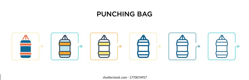 Punching Beutel Vektorsymbol in 6 verschiedenen modernen Stilen. Schwarze, zweifarbige Stanzbeutel-Icons, die im vollen, Umriss-, Linien- und Strichstil entworfen wurden. Vektorgrafik kann für Web, Mobile, i