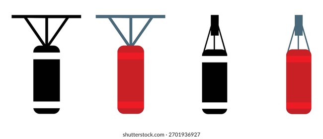 Saco de perfuração Vetor Icon Set - Flat, Contorno, e Silhueta Boxing Equipamento de treinamento para ginástica e 
Design de Fitness