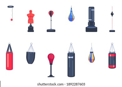 Punching bags set isolated on a white background. Cartoon vector flat style design illustration.