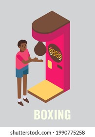 Punching, boxing arcade game machine. Young man testing his physical strength, flat vector isometric illustration. Game club, room, zone attractions, fun activities, entertainment. Arcade gaming.