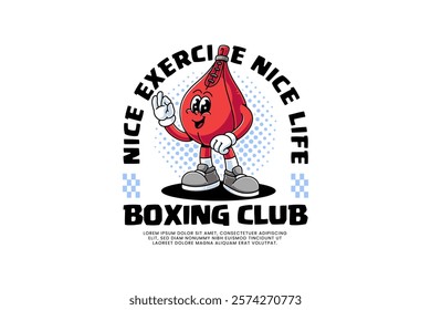 punching boxing speed bag retro cartoon character mascot illustration with standing pose and showing ok hand for boxing training fighter fitness sport club mascots and merchandise