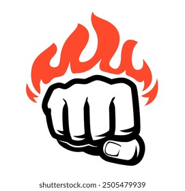 Puñetazo en llamas de fuego emblema. Logotipo o icono del deporte de lucha. Símbolo de fuerza de poder apretado a mano