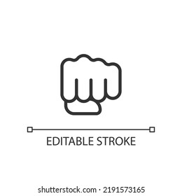 Punching fist pixel perfect linear icon. Hand gesture. Fighting action. Threat and fight. Thin line illustration. Contour symbol. Vector outline drawing. Editable stroke. Arial font used