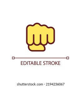 Punching fist pixel perfect RGB color icon. Hand gesture. Fighting action. Threat and fight. Isolated vector illustration. Simple filled line drawing. Editable stroke. Arial font used