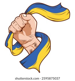 Punching or Fisting Hand with Ukraine Flag vector illustrations,  Activist Raised Fist Up With Ukraine Ribbon