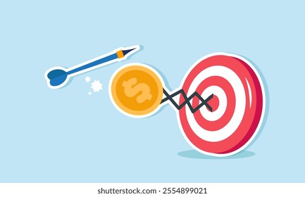 A punching machine with a dollar coin on a target board hits an arrow, illustration of preventing and altering business targets based on financial management