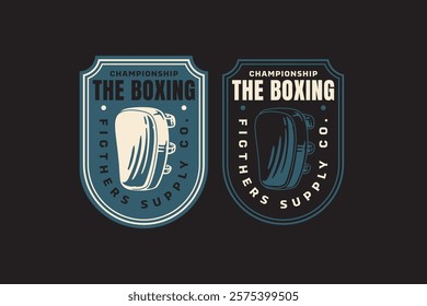 punching pad glove with rectangle shape retro badge logo vector design collection set for boxing, fighter, martial art sport. boxing target pad mitt fight gear vintage illustration element design.