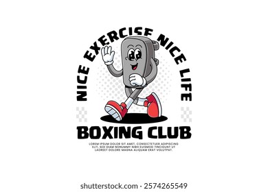 punching pad target with rectangular shape cartoon character mascot illustration with walking pose and show waving hand for boxing training fighter sport club mascots and merchandise