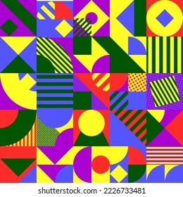 Punchy abstract vector background. Colorful geometric objects in red, green, blue, purple, yellow. Bauhaus style seamless pattern design for web, poster, textile, texture, print, card.