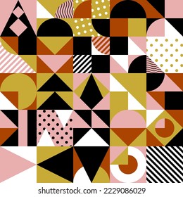 Punchy abstract vector background. Colorful geometric objects in pink, white, black, orange, brownish yellow. Bauhaus style seamless pattern design for web, poster, textile, texture, print, card