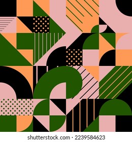 Punchy abstract vector background. Colorful geometric objects in pink, green, black, and orange. Bauhaus style seamless pattern design for web, poster, textile, texture, print, card