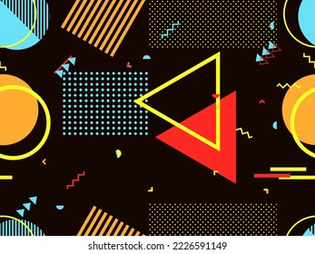 Punchy abstract vector of geometric shapes. Neon memphis style seamless pattern. Background design for web, banner, backdrop, print, decoration, card.