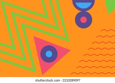 Punchy bright abstract vector geometric background. Collage of variety of shapes and subjects. High saturated chaotic pattern, backdrop. Orange, blue, pink, red, green, purple colors.