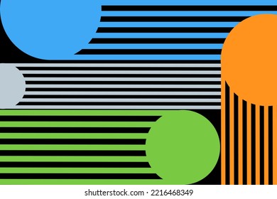 Punchy bright abstract vector geometric background. Collage of colored circles and lines. High saturated chaotic pattern, backdrop. Orange, blue, gray, green, black colors.