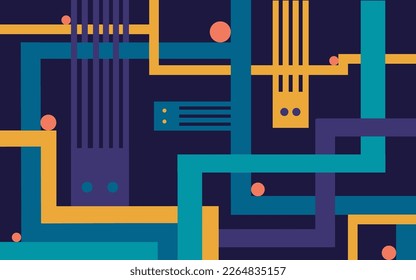 Punchy bright abstract vector geometric background. Collage of colored circles, rectangles and lines. High saturated chaotic pattern, backdrop. Orange, blue, yellow, navy, purple colors.