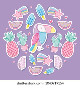 Punchy pastel cartoons collection with bird, fruit, ice cream and cactus