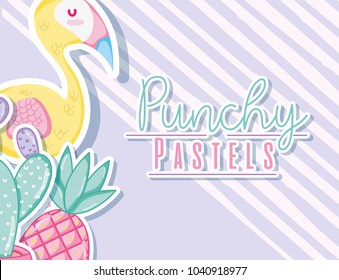 Punchy pastels concept with fruit, bird and cactus