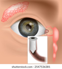 Punctal Occlusion Therapy. Punctal Plugs for Treatment of dry eye syndrome. Illustration of eye. 