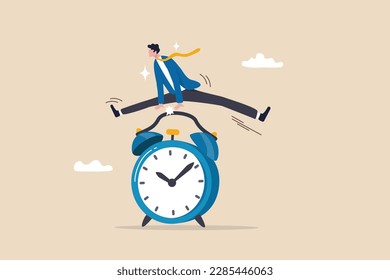 Punctual being on time or time management, work deadline or procrastination, self discipline, work efficiency or reminder, urgency or quick work concept, confidence businessman jump over alarm clock.