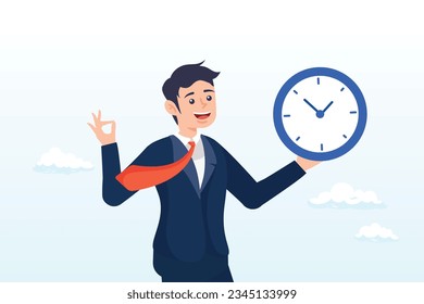 Punctual businessman holding clock with precise timing, being on time for appointment or schedule, finish work within deadline or timing, meeting reminder or time management (Vector)