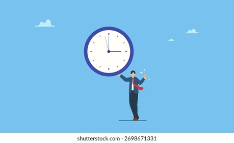 Homem de negócios pontual segurando relógio com tempo preciso. Pontualidade, estar na hora certa para a nomeação ou agendamento, terminar o trabalho dentro do prazo ou tempo, lembrete de reunião ou gerenciamento de tempo.