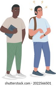 Un tipo puntual expresa irritación de caracteres vectoriales de color semiplano. Gente de cuerpo entero en blanco. Estudiantes universitarios aislados ilustraciones modernas de estilo de dibujos animados para el diseño gráfico y la animación
