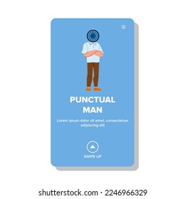 vector de hombre puntual. negocios de relojes, ver tarde, trabajo de tiempo, trabajo de muñeca, plazo de tiempo de aplicación puntual man web plana ilustración de dibujos animados