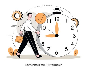 Punctual person concept. Man with suitcase walks in front of large clock. Efficient workflow and time management, responsible employee or entrepreneur metaphor. Cartoon flat vector illustration