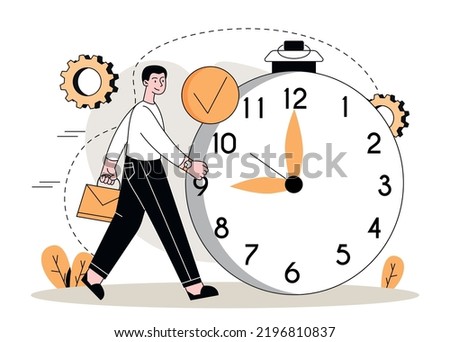 Punctual person concept. Man with suitcase walks in front of large clock. Efficient workflow and time management, responsible employee or entrepreneur metaphor. Cartoon flat vector illustration