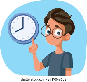 
Pünktlicher Teenager, der auf eine Uhr-Vektorgrafik zeigt. Fokussierter Student, der die Zeit bei einer Prüfung überprüft 
