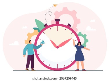 Punctual tiny people planning interval work with clock or timer. Man holding megaphone in hand flat vector illustration. Deadline control, efficiency of time management, sport competition concept