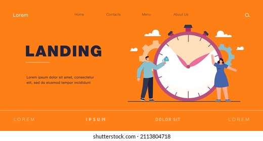 Punctual tiny people planning interval work with clock or timer. Man holding megaphone in hand flat vector illustration. Deadline control, efficiency of time management, sport competition concept