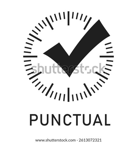 Punctual vector web icon, right time abstract symbol on white background. Simple flat illustration of clock face with tick mark, rapid action pictogram, punctuality concept. 