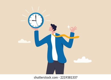 Punctuality, being on time for appointment or schedule, finish work within deadline or timing, meeting reminder or time management concept, punctual businessman holding clock with precise timing.