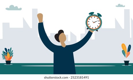 Puntualidad, estar a tiempo para la cita o el horario, terminar el trabajo dentro de la fecha límite o el tiempo, recordatorio de la reunión o concepto de gestión del tiempo, reloj puntual del hombre de negocios con el tiempo preciso.