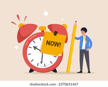 Punctuality concept. Stop procrastination, do it now or decision to finish work or appointment in time, businessman with pencil after he wrote the word Now on note and stick it on ringing alarm clock.