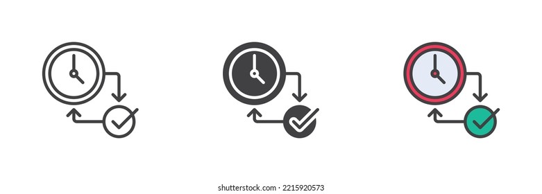 Punctuality different style icon set. Line, glyph and filled outline colorful version, outline and filled vector sign. Time management symbol, logo illustration. Vector graphics