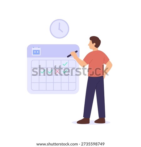 Punctuality Policy, ensuring timely attendance and discipline, Flat vector character illustration