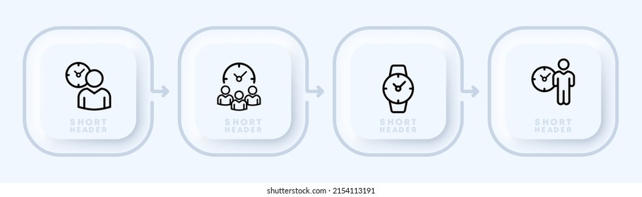 Punctuality set icon. Hours, hours of work and rest. Time management. Neomorphism style. Vector line icon for Business and Advertising.