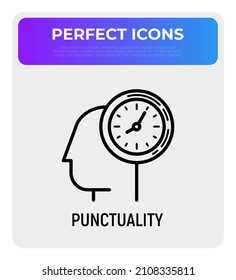 Puntualidad, icono de línea delgada de administración de tiempo. Silhouette de la cabeza humana con reloj. Ilustración vectorial moderna.