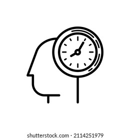 Punctuality, time management thin line icon. Silhouette of human head with watch. Modern vector illustration.
