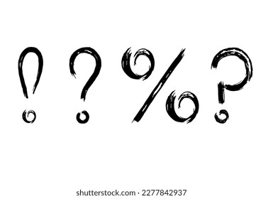 Punctuation characters with brush stroke texture isolated on white background. Hand drawn exclamation, percent and interrogation marks for social media, banner, poster or other. Vector illustration.